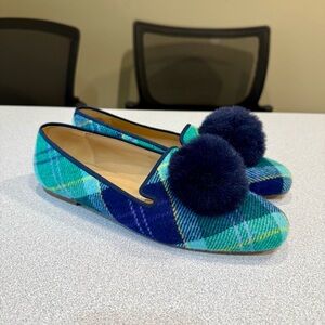 Talbots Francesca Pom Pom Tartan Plaid Flats Women’s 7.5 M Green/Navy Plaid Wool